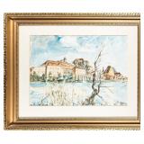 1959 WATERCOLOUR CASTLE ON THE RIVER SIGNED MOZAN