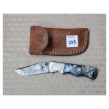 Damascus Steel Folding Knife w/ Leather Sheath