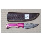 7 1/4" L Damascus Knife Wood Handle w/ Sheath