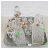 2 Crystal Decanters, Glass Salt Holders, Shot