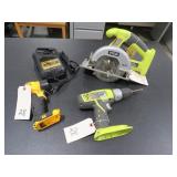 Lot - Ryobi Cordless Saw, Drill and DeWalt Light