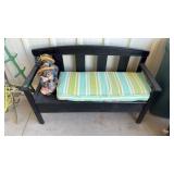 WOOD BENCH W/ CUSHION & 2 OUTDOOR BEAR STATUES