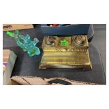 BRASS DESK SET & 2 GLASS BUNNIES