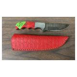 DAMASCUS KNIFE W/ RED HANDLE & SHEATH