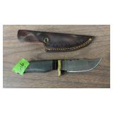 DAMASCUS KNIFE W/ BRASS ACCENT HANDLE & SHEATH