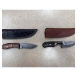 2 - DAMASCAS STYLE KNIVES W/ LEATHER SHEATHS