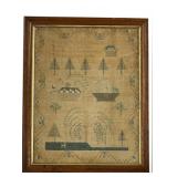 LATE 18THC. AMER. PINE TREE SAMPLER BY MARY HOUGH