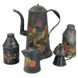 5 PCS. TOLE INC. COFFEE POT, TEA CANS, FLUID LAMP