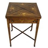 MARQUETRY INLAID REVOLVING TOP HANDKERCHIEF TABLE