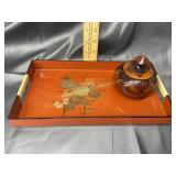Vintage lacquer dresser tray with wooden jar