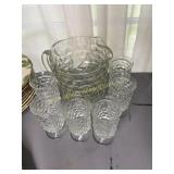 White hall water set with 8 juice glasses