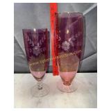 Pair of etched cranberry vases