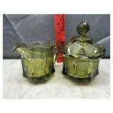 Green fostoria coin glass cream and sugar