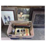 3 vintage framed pictures & box misc