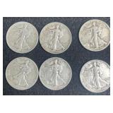 6 - Walking Liberty Silver Half Dollars