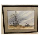 Framed Watercolor Windmill Art