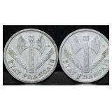 1942 & 1943 France 1 Franc Coins WW2