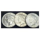 (3) 1922 Peace Silver Dollars P,D,S AU