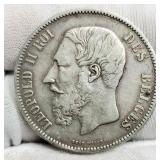 1868 Belgium 5 Francs Silver 90%/25 G,