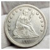 1861 Liberty Seated Quarter MS60 Star Centers,