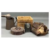 Wood Box, Belt, Catchers Mitt & Miners Lamp