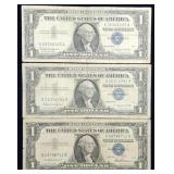 3 Circulated 1957 $1 Silver Certificates A B