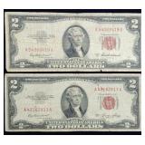 Pair of 1953 $2 Red Seal Banknotes