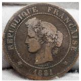 1881 France 5 Centimes Bronze