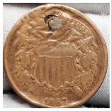 1867 Two Cent Damage w/ Filled Drill Hole