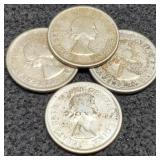 (4) Canada Silver Quarters 1956-1959