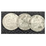 3 Liberty Seated Dimes: 1882, 2-1892-O