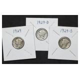 1929 P,D,S Mercury Silver Dime Set in 2x2s, Nice!