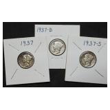 1937 P,D,S Mercury Silver Dime Set in 2x2s, Nice!