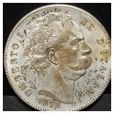 1878 Italy 5 Lire Silver Crown, High Grade,