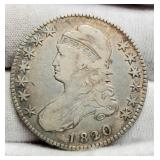 1820 20 Over 19 Curl 2 Capped Bust Half Dollar VF