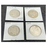 (4) Barber Half Dollars: 1900-O, 02, 07-D, 09