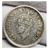 1940 British India Half Rupee Silver 50%/5.8 G