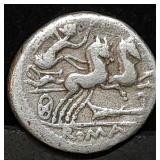 AR Roman Silver Denarius Roma Chariot Reverse