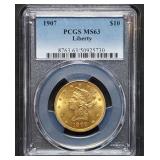 1907 $10 Liberty Gold Eagle PCGS MS63 Sharp Coin!