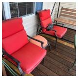 2 Metal Chairs With Red Cushions & Table