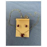 Necklace and earrings, red heart stone