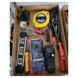 TRAY OF ASSORTED TOOLS, LEVEL, MISC