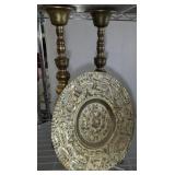 BRASS CANDLESTICK, BRASS AZTEC CALENDAR PLATE