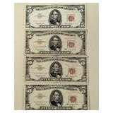 4 RED SEAL $5 BILLS ALL 1963