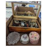 TRAY- JEWELRY BOX AND CONTENTS, WATCHES, MISC