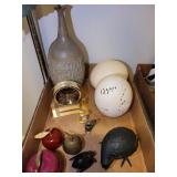 TRAY- ASSORTED DECORATIVE EGGS, MANTLE CLOCK, BIRD