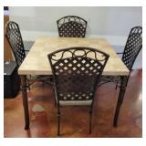 METAL BASE TABLE W/ FAUX MARBLE TOP, 4 CHAIRS