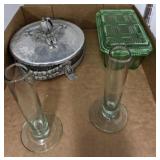 COVERED FRIDGE DISH, BUD VASES, MISC