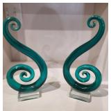 PAIR OF MURANCO GLASS SWIRL TURQUOISE GLASS