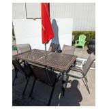 PATIO TABLE, 6 CHAIRS, UMBRELLA, STAND